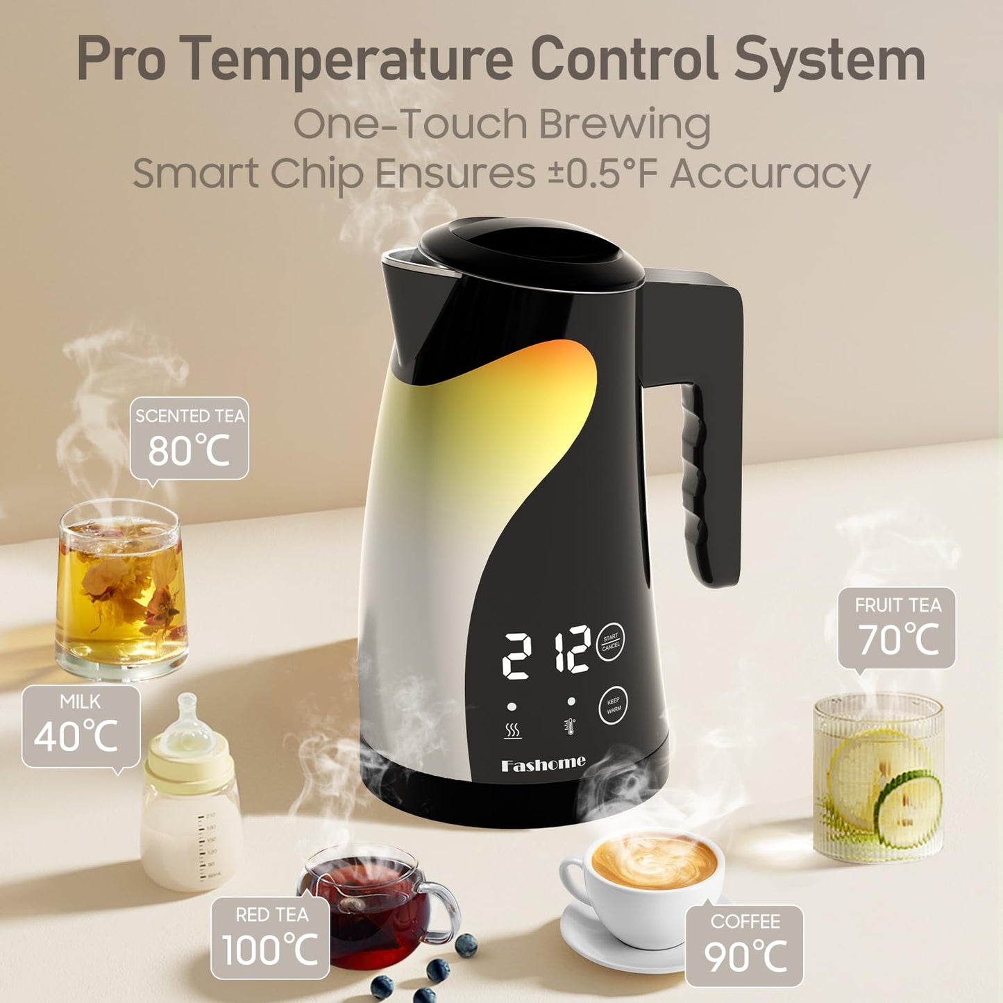 Temperature Control Electric Kettle, 5 Temp Presets, 2H Keep Warm, Cool-Touch Design with Auto Shut-Off, 1.25L Stainless Steel, Adjustable Temperature Control, 360° Rotating Base, (Black)