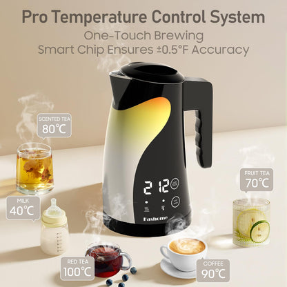 Temperature Control Electric Kettle, 5 Temp Presets, 2H Keep Warm, Cool-Touch Design with Auto Shut-Off, 1.25L Stainless Steel, Adjustable Temperature Control, 360° Rotating Base, (Black)