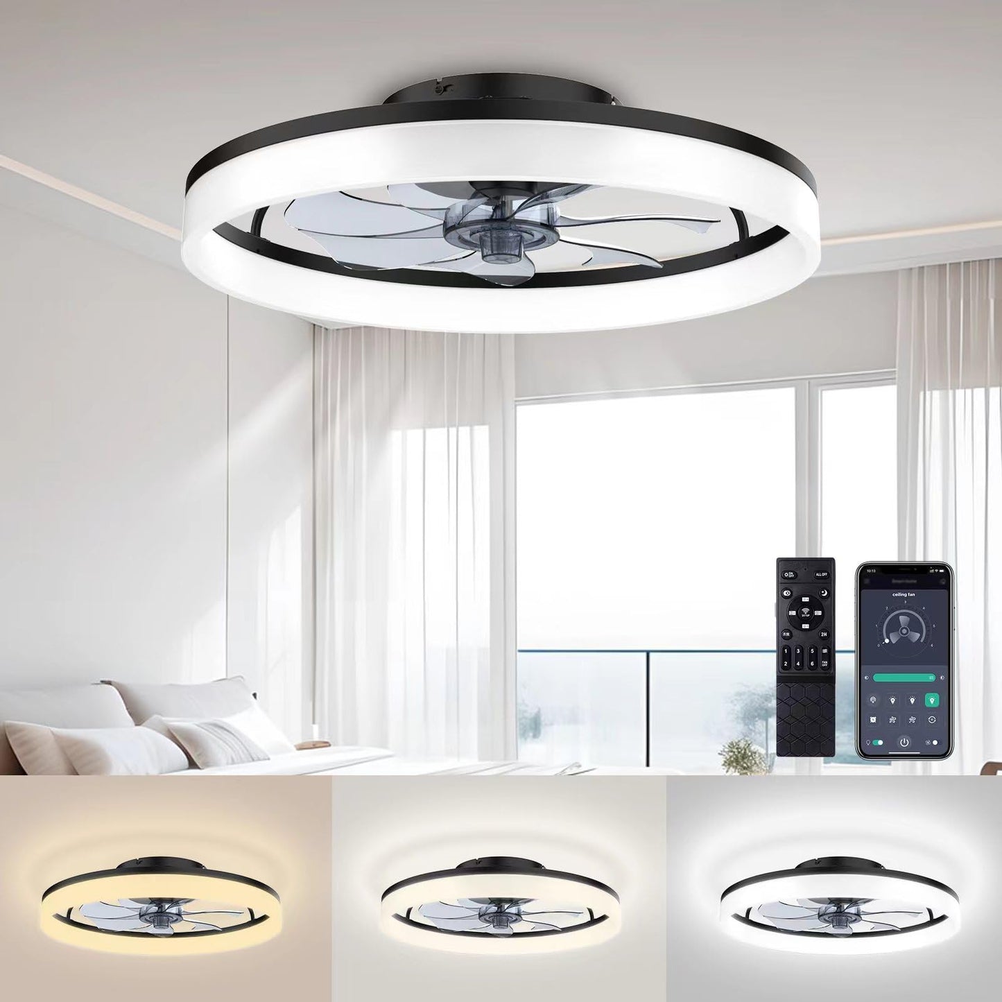 Ceiling Fans with Lights and Remote, 20" Fandelier Ceiling Fan Flush Mount, 3000K-6500K Smart Bladeless LED Fan Light, Modern Low Profile Ceiling Fan with Light for Bedroom, Kids Room and Living Room.