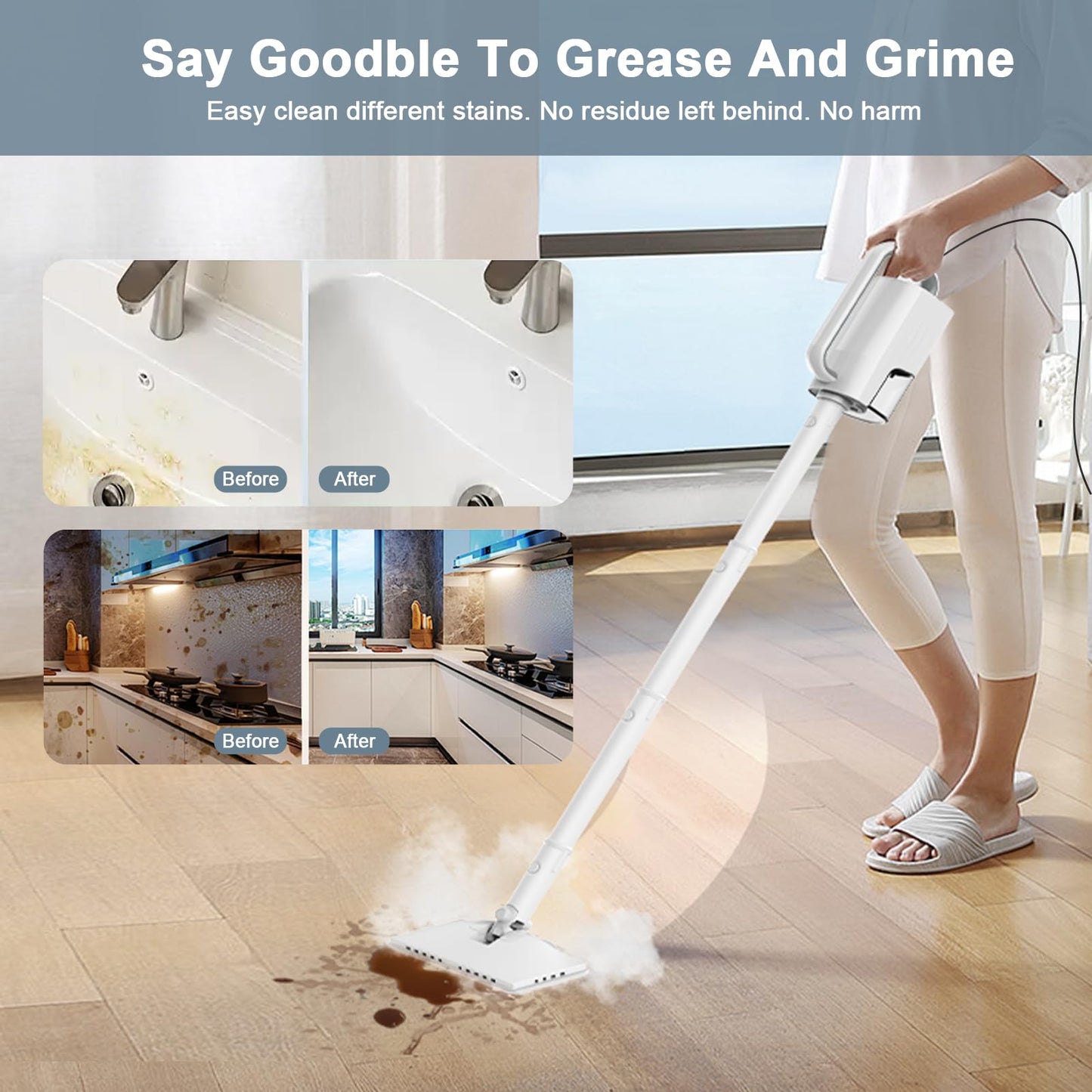 Steam Cleaner, 6 in1 Rotated Steam Mop Cleaner with 2 Modes, 2 Microfiber Pads, 400ML Removable Tank, 23FT Power Cable, Detachable Steam Mops for Floor, Laminate Floor, Tiles Cleaning (White)