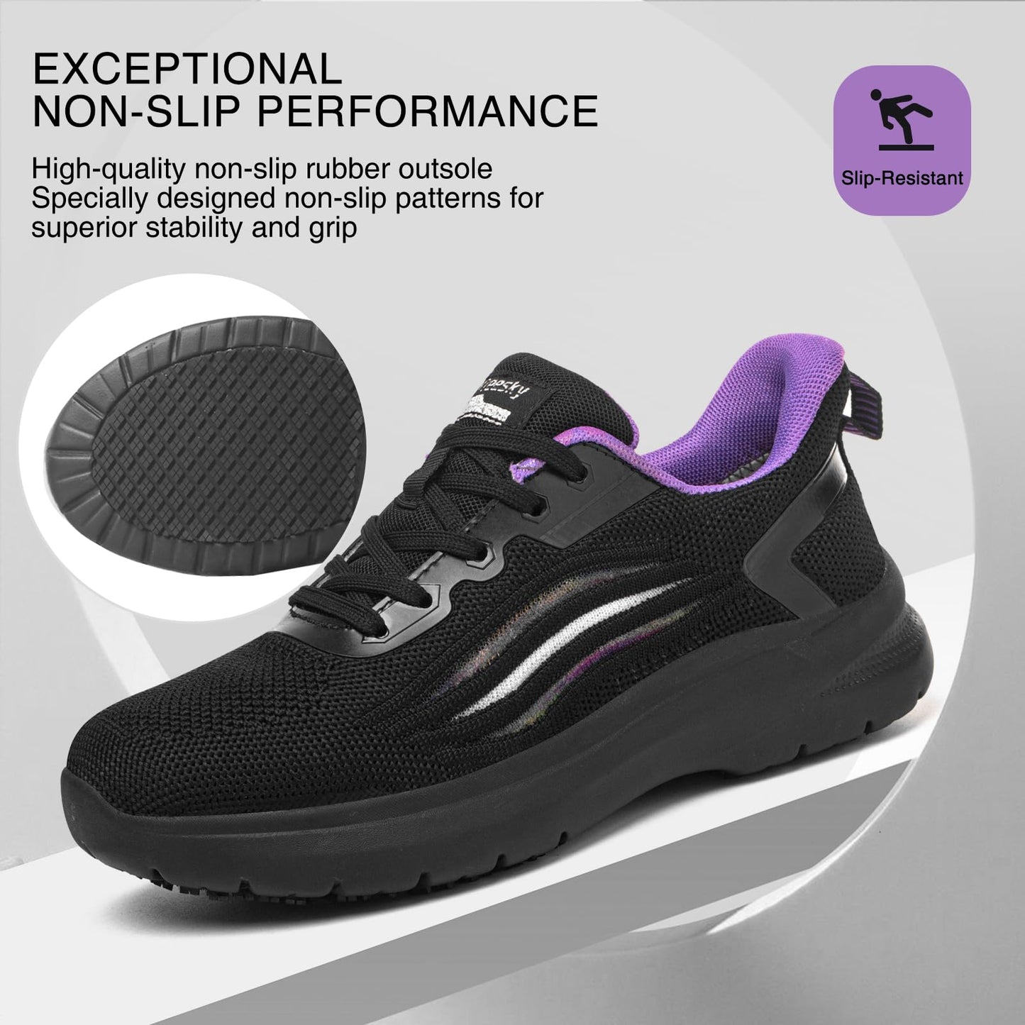 Treesky Non Slip Work Shoes for Women in Food Service - Slip Resistant, Comfortable & Lightweight Sneakers, Suitable for Restaurant, Kitchen & Nursing Crews (Black & Purple, Size 7)