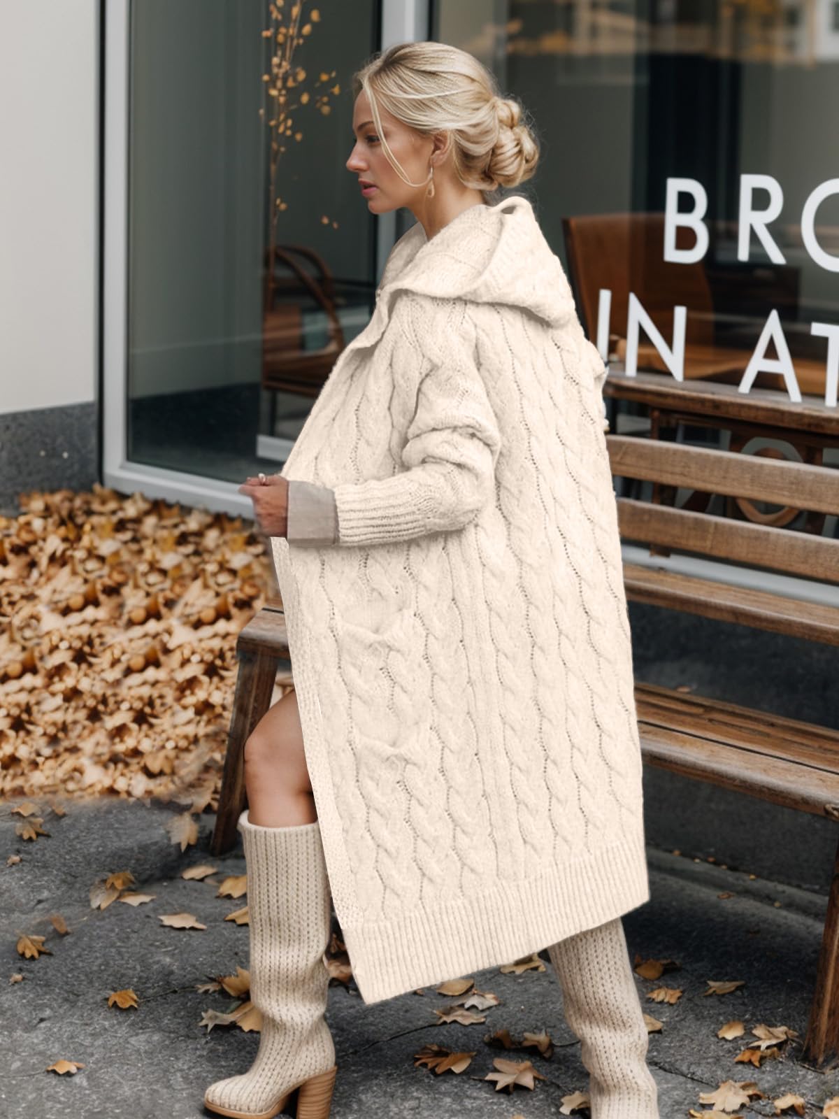 Fall Cardigan Sweaters for Women Fashion 2025 Open Front Hooded Cable Oversized Long Trendy Warm Winter Coats Outfits Beige