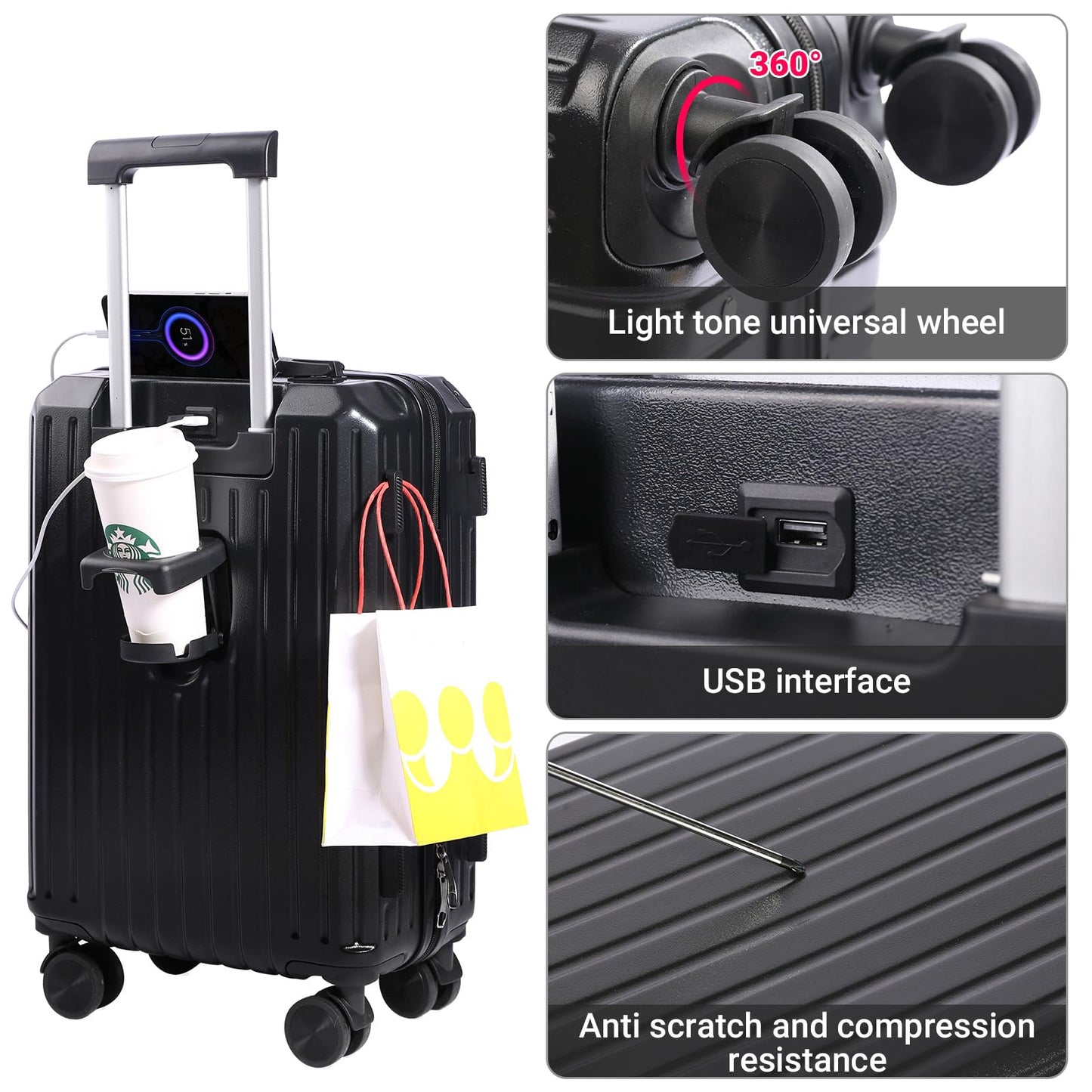 YANQIAO Carry-on Luggage with Cup Holder & USB Charging Port, Hard Side Luggage with Spinner Wheels, Lightweight Luggage for Travel, Business, School (Black, Carry-On 20-Inch)