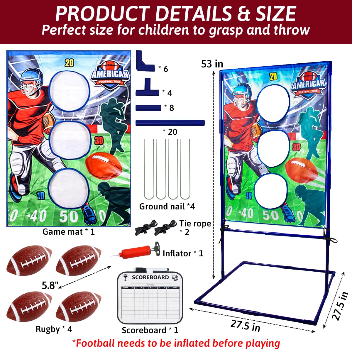 Punieayi Football Toss Game with 4 Inflatable Balls, Football Throwing Target Games for Boys 8-12, Sports and Outdoors Toys for Kids Ages 3+