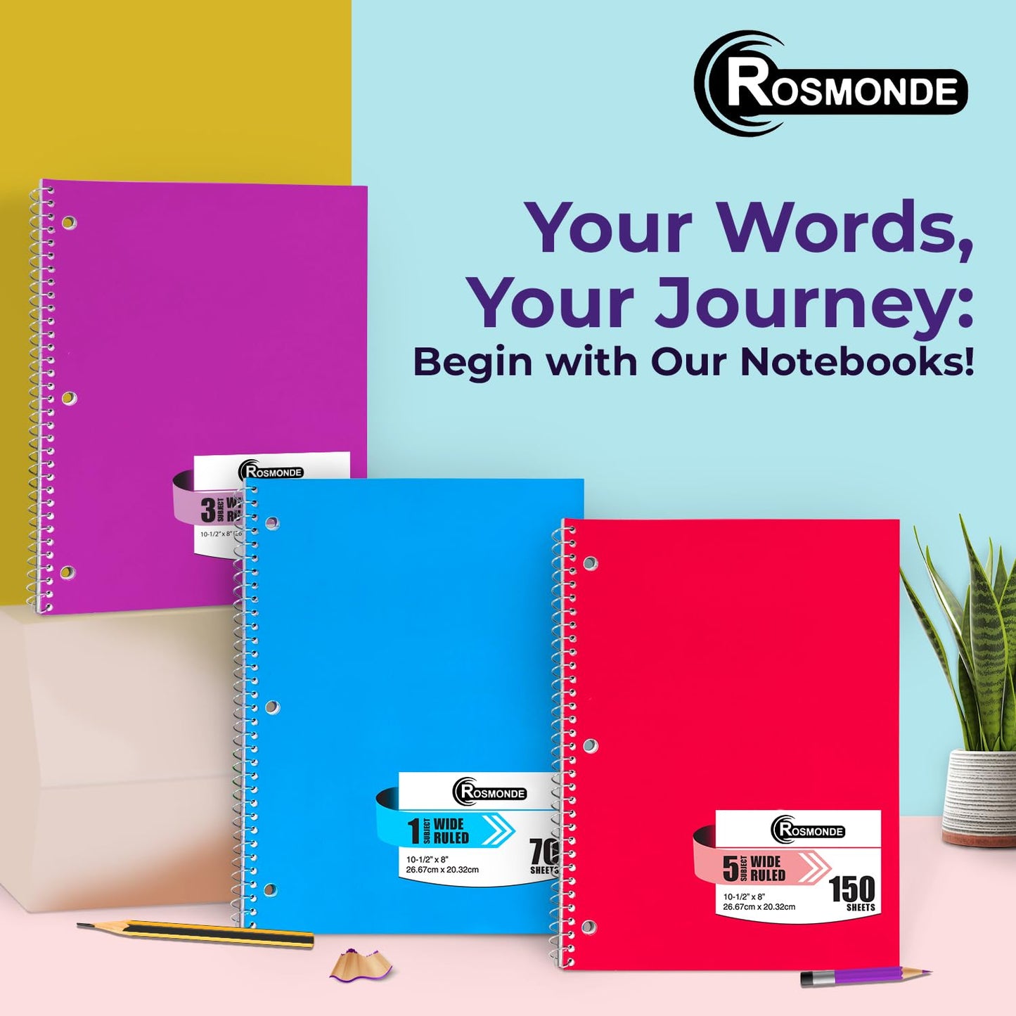 Rosmonde Spiral Notebooks, 12 Pack, 1 Subject Notebook, Wide Ruled, 70 Sheets, 8 x 10-1/2", 3 Hole Punched, School Supplies, Bulk Single Subject Spiral Notebook Bulk, Assorted Colors Pack of Notebooks