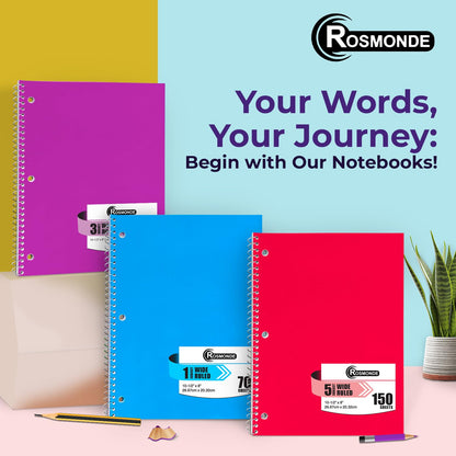 Rosmonde Spiral Notebooks, 12 Pack, 1 Subject Notebook, Wide Ruled, 70 Sheets, 8 x 10-1/2", 3 Hole Punched, School Supplies, Bulk Single Subject Spiral Notebook Bulk, Assorted Colors Pack of Notebooks