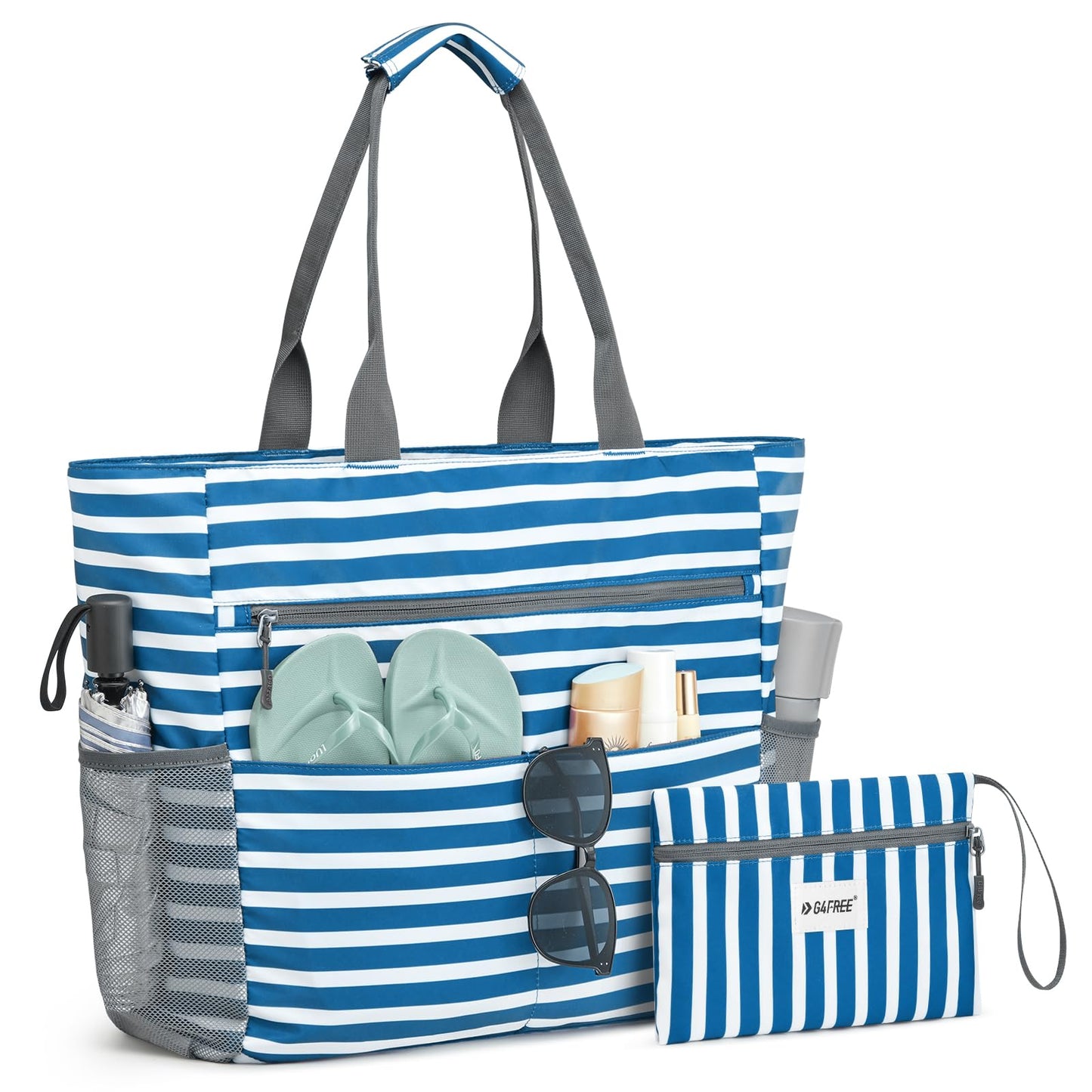 G4Free Beach Bag, Waterproof Sandproof Beach Tote Bag,50L Large Capacity Foldable for Women, Personalized Gifts for Her,Navy Stripe