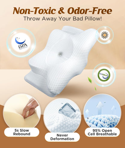 2 Pack Value Bundle Cervical Neck Pillow for Sleeping, Ergonomic Contour Side Sleeper Pillows Perfect for Families, Orthopedic Pillow for Neck Relief Support, Memory Foam Pillows Back Stomach Sleepers