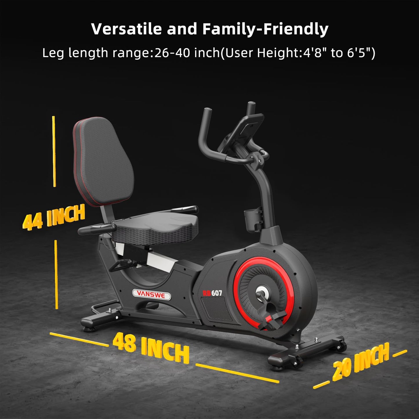 VANSWE Recumbent Exercise Bike for Seniors, Recumbent Stationary Bikes for Home with 450 LBS Weight Capacity, Backlit Monitor with 19 Built-In Programs, Bluetooth App Connectivity and 16-Level Electronically Controlled Magnetic Resistance