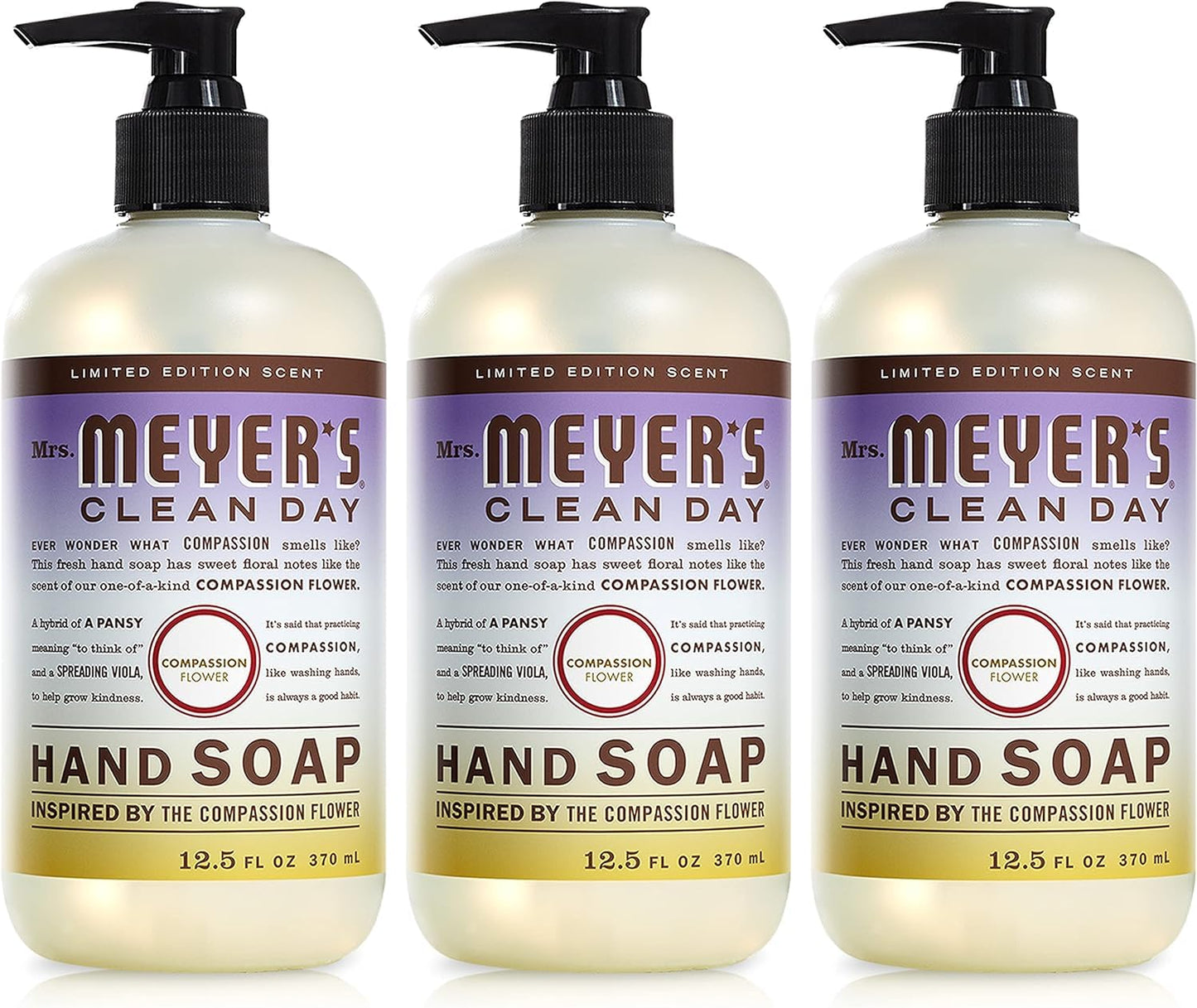 MRS. MEYER'S CLEAN DAY Hand Soap, Made with Essential Oils, Compassion Flower, 12.5 fl. oz - Pack Of 3