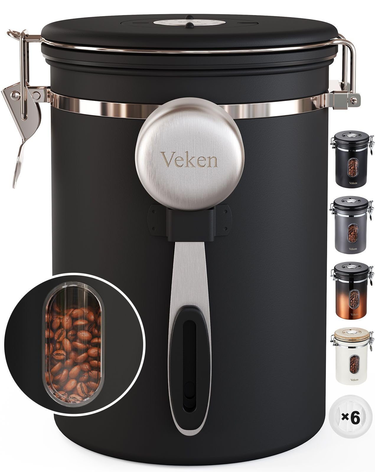Veken Coffee Canister with Window,Coffee Bar Accessories,Airtight Stainless Steel Kitchen Food Storage Container Lover Gifts,Date Tracker and Scoop for Grounds,Beans,Tea, Sugar,Flour,Cereal,22OZ,Black