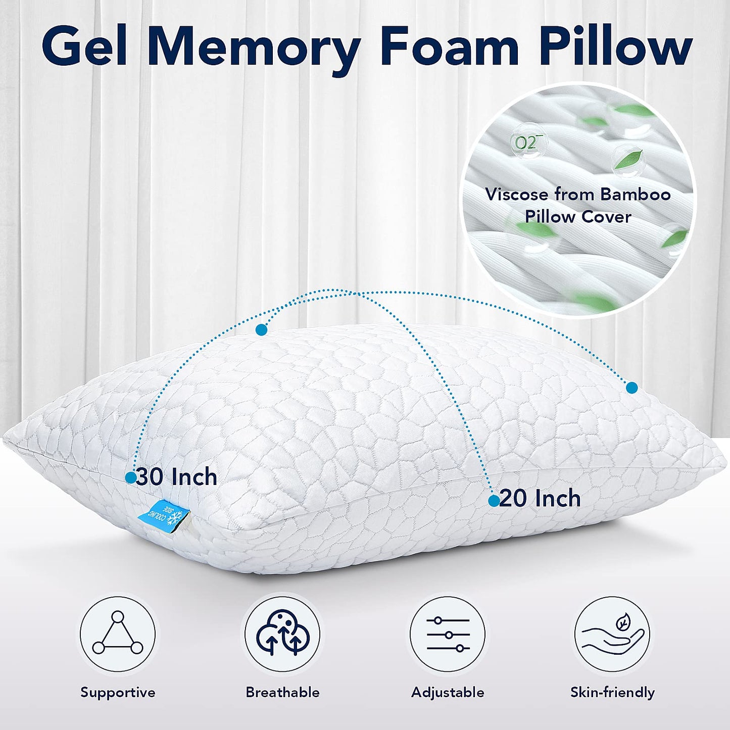 Cooling Bed Pillows for Sleeping, Shredded Memory Foam Pillows 2 Pack, Gel Pillows Standard Size Set of 2, Support yet Soft Pillow for Side, Back Sleepers Adjustable Pillow with Removable Cover