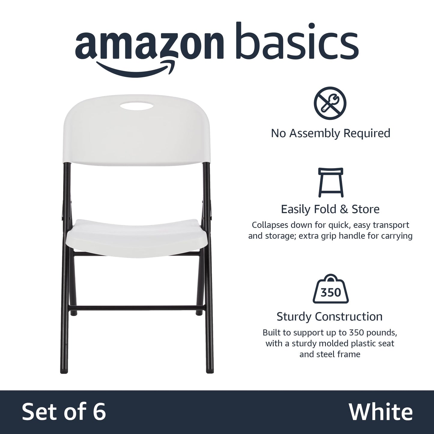 Amazon Basics Folding Plastic Chair with 350-Pound Capacity - 6-Pack, White