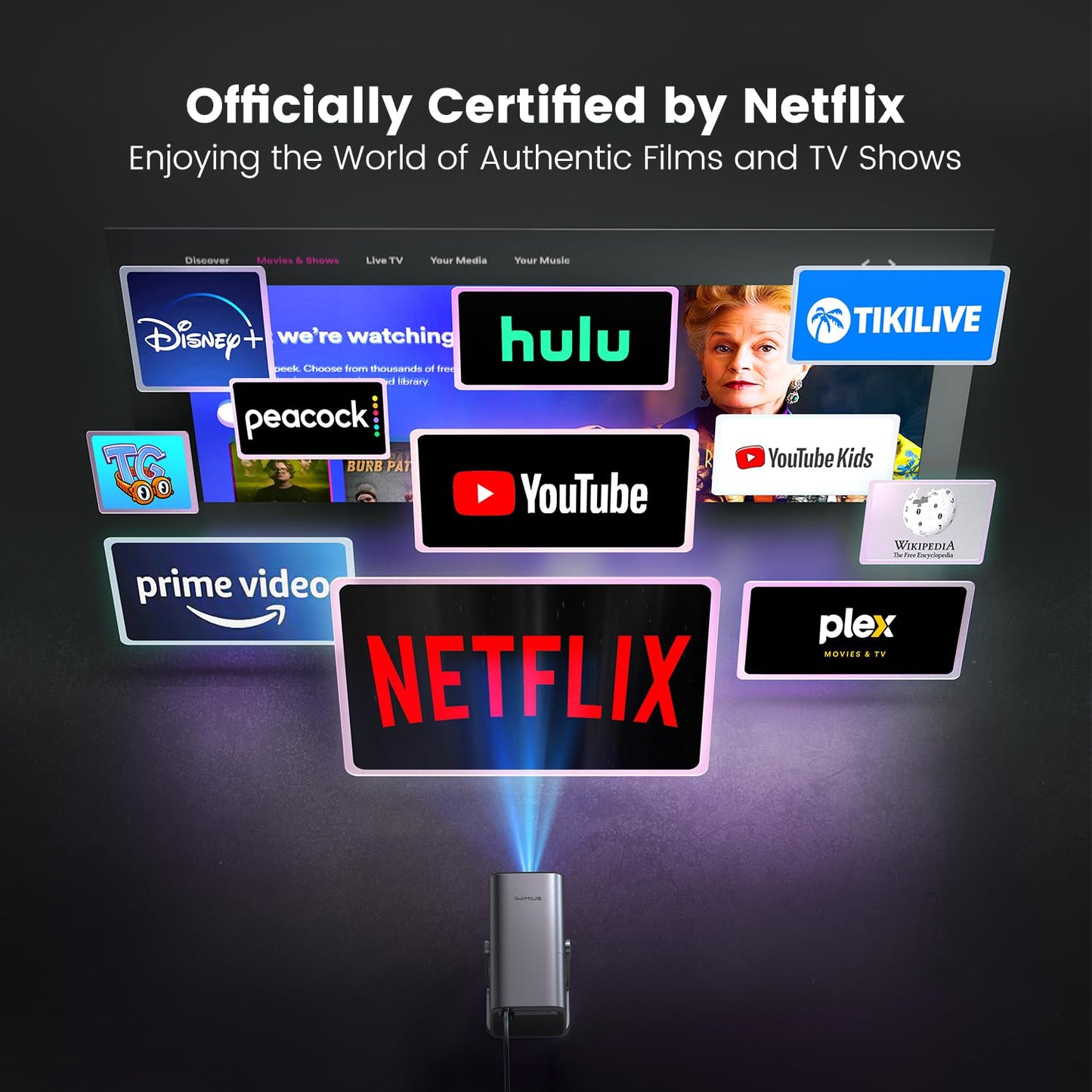 Netflix-Licensed/ Dolby Audio/- Smart 4K Projector with WiFi 6 and 2-Way Bluetooth, Electric Focus & Auto Keystone, 360°Adjustable Stand, iWIMIUS 1080P Mini Portable Outdoor Proyector w/ HDMI ARC