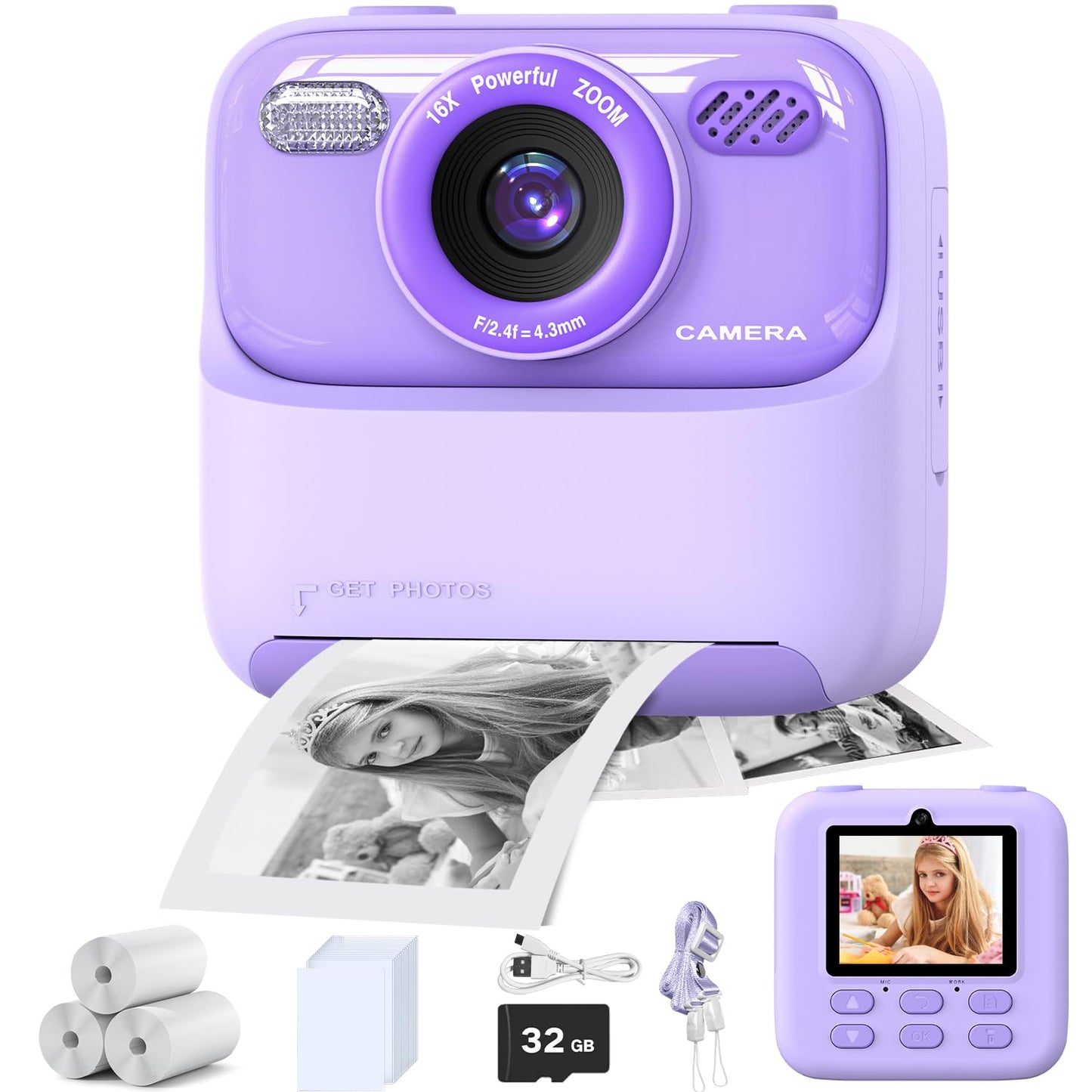 masterbee Kid Camera Instant Print Photo, Birthday Gifts for Girls and Boys, Kids Digital Camera Toys, 1080P HD Video, 3 4 5 6 7 8 9 10 11 12 Year Old Boy Gifts/Girl Gifts Purple