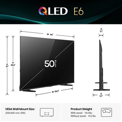 Hisense 50" E6 Cinema Series QLED 4K UHD Smart Fire TV (50E6QF, 2025 Model) - QLED, AI Light Sensor, Dolby Vision · Atmos, Voice Remote with Alexa, Motion Rate 120, HDR 10+ Adaptive, Game Mode Plus