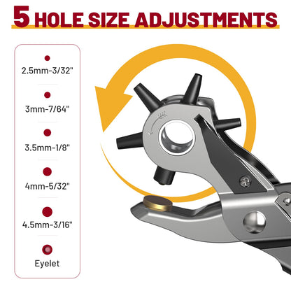 NEU MASTER 2 in 1 Leather Hole Punch Eyelet Tool Kit, 3/16" 4.5mm Revolving Hole Puncher, Eyelet Pliers, Metal Eyelets for Fabric Shoes Leather Clothes Belt