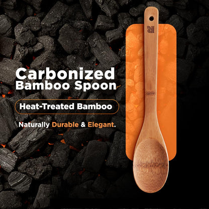 Riveira Dark Bamboo Wooden Spoons for Cooking 6-Piece, Apartment Essentials Wood Spatula Spoon Nonstick Kitchen Utensil Set Premium Quality Housewarming Gifts for Everyday Use