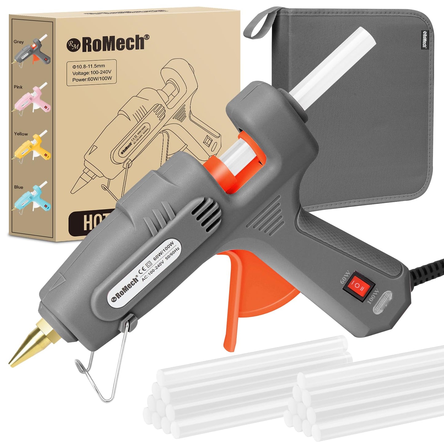 ROMECH Full Size Hot Glue Gun with 60/100W Dual Power and 21 Hot Glue Sticks (7/16"), Fast Preheating Heavy Duty Industrial Gluegun with Storage Case for Crafting, DIY and Repairs (Gray)