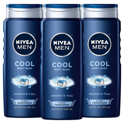 Nivea Men Cool Body Wash with Icy Menthol, Scented Body Wash for Men, 3 Pack of 16.9 Fl Oz Bottles