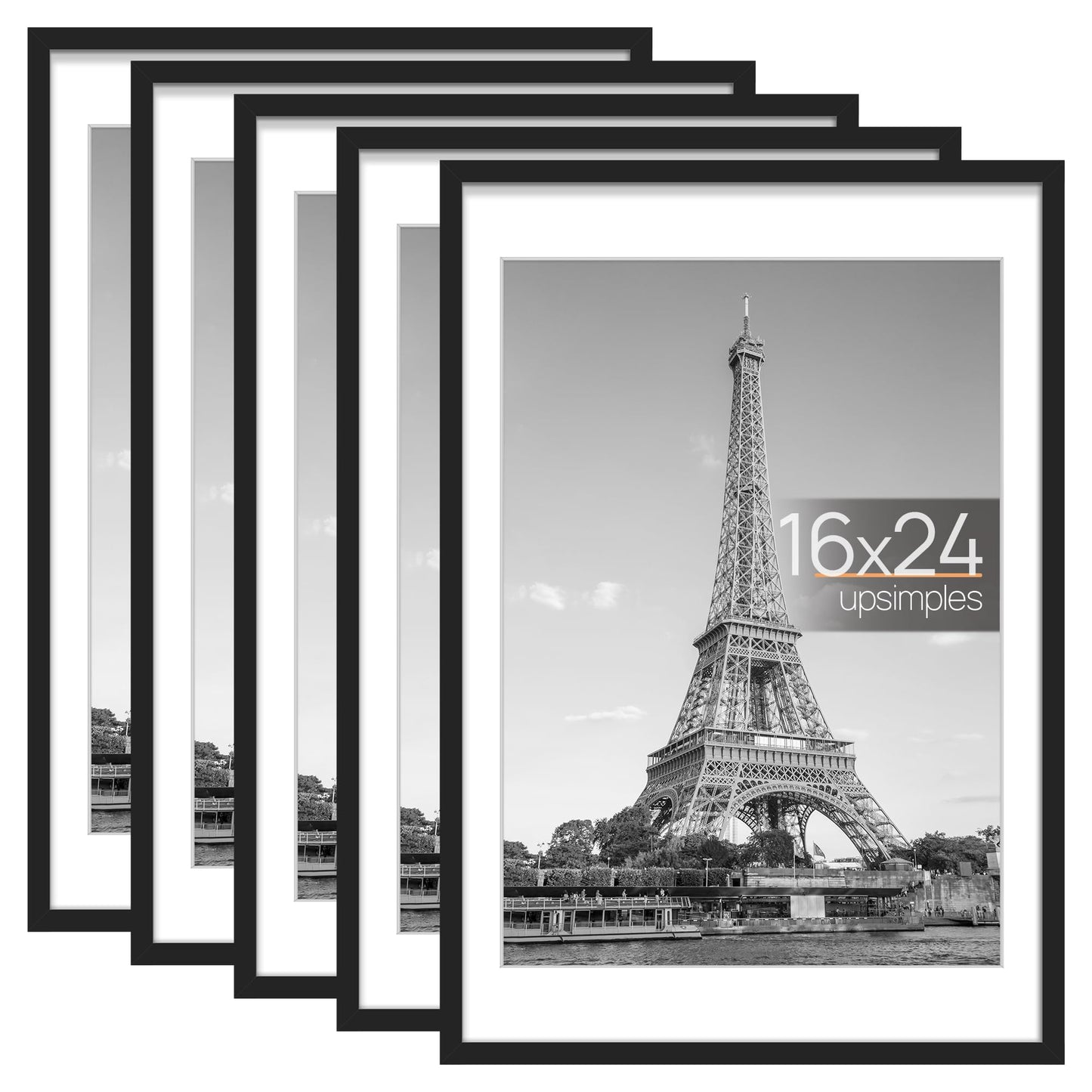 upsimples 16x24 Picture Frame Set of 5, Display Pictures 14x20 with Mat or 16x24 Without Mat, Wall Gallery Photo Frames, Black