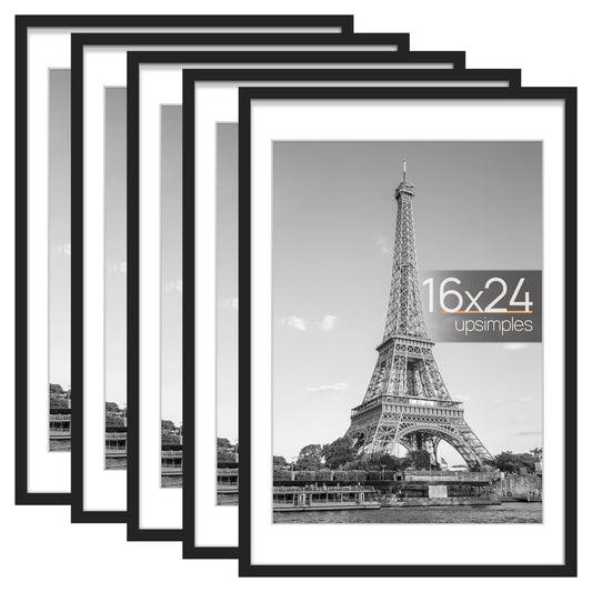 upsimples 16x24 Picture Frame Set of 5, Display Pictures 14x20 with Mat or 16x24 Without Mat, Wall Gallery Photo Frames, Black