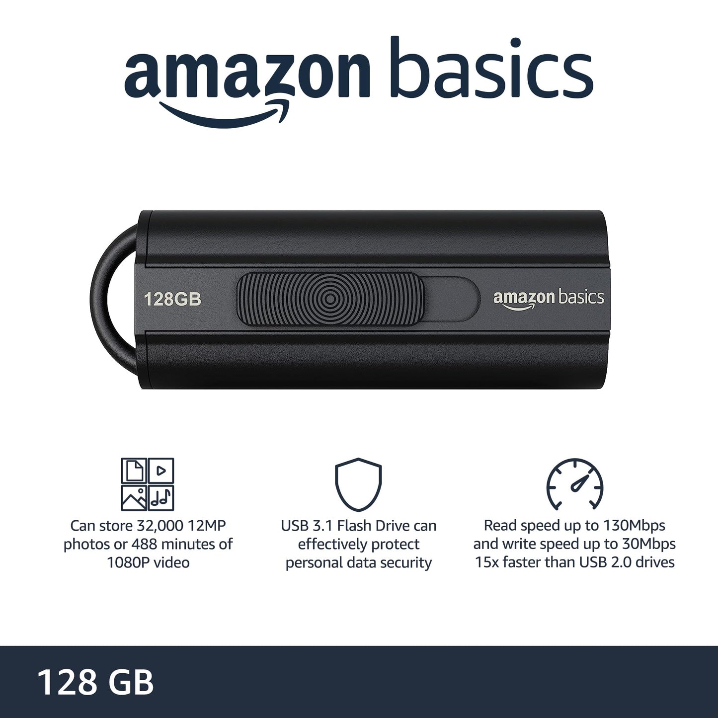 Amazon Basics 128 GB Ultra Fast USB 3.1 Flash Drive, Black