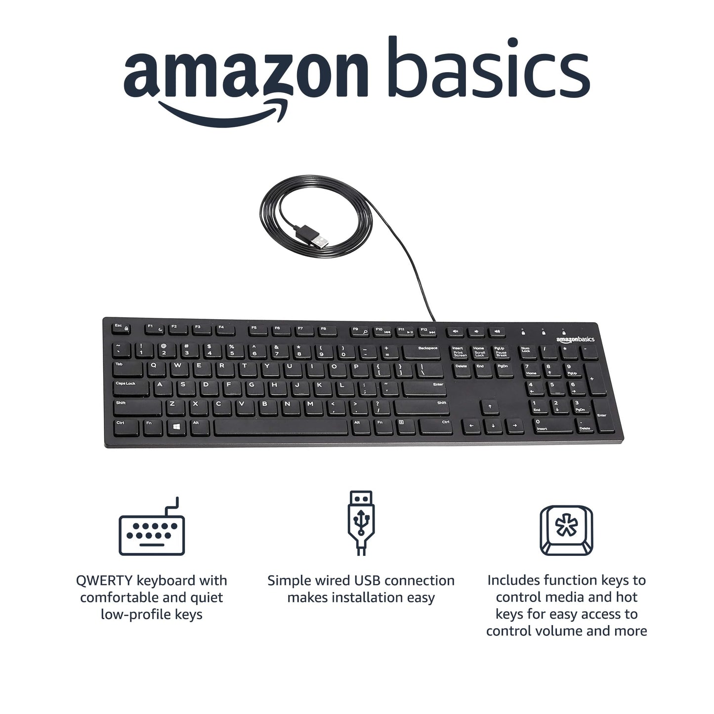 Amazon Basics Wired QWERTY Keyboard, Full-Sized, Black
