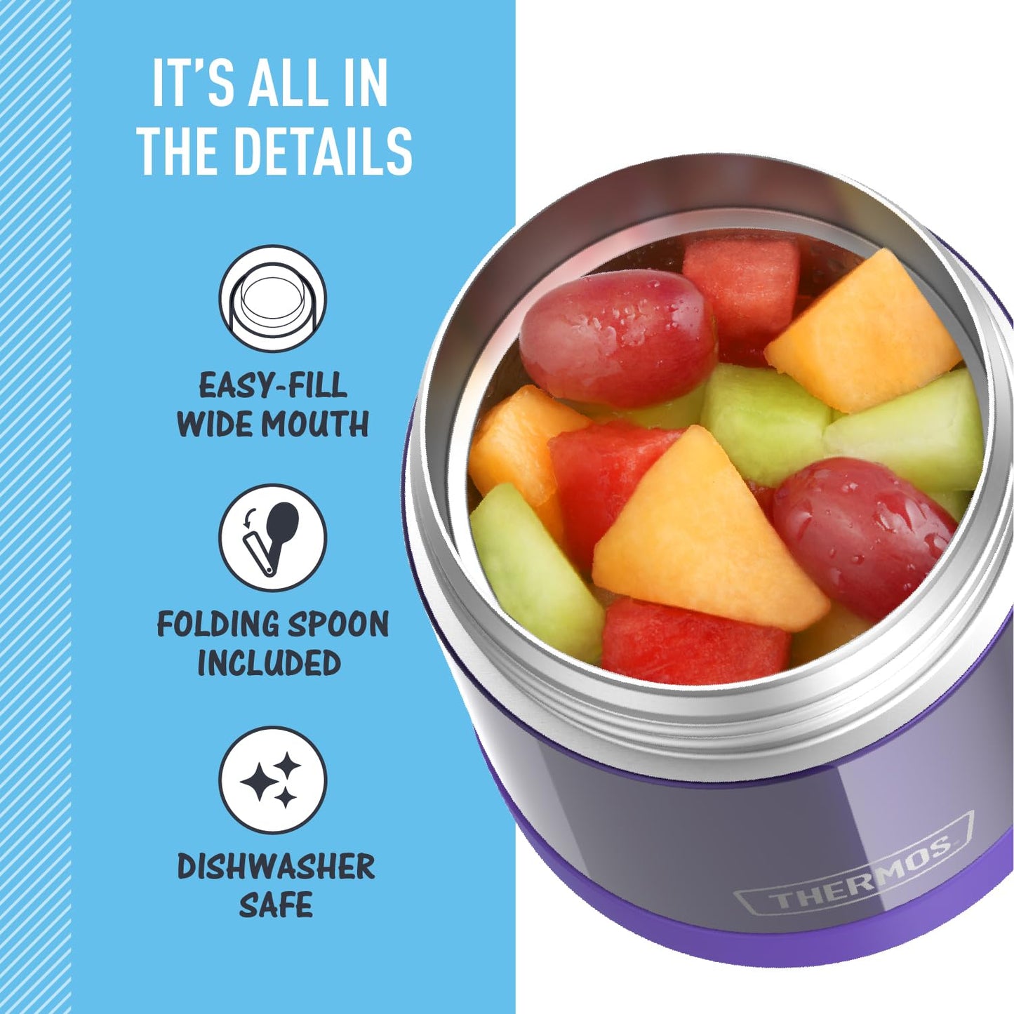 THERMOS FUNTAINER Insulated Food Jar, 10 Ounce, Kid Friendly Food Jar with Foldable Spoon, Purple