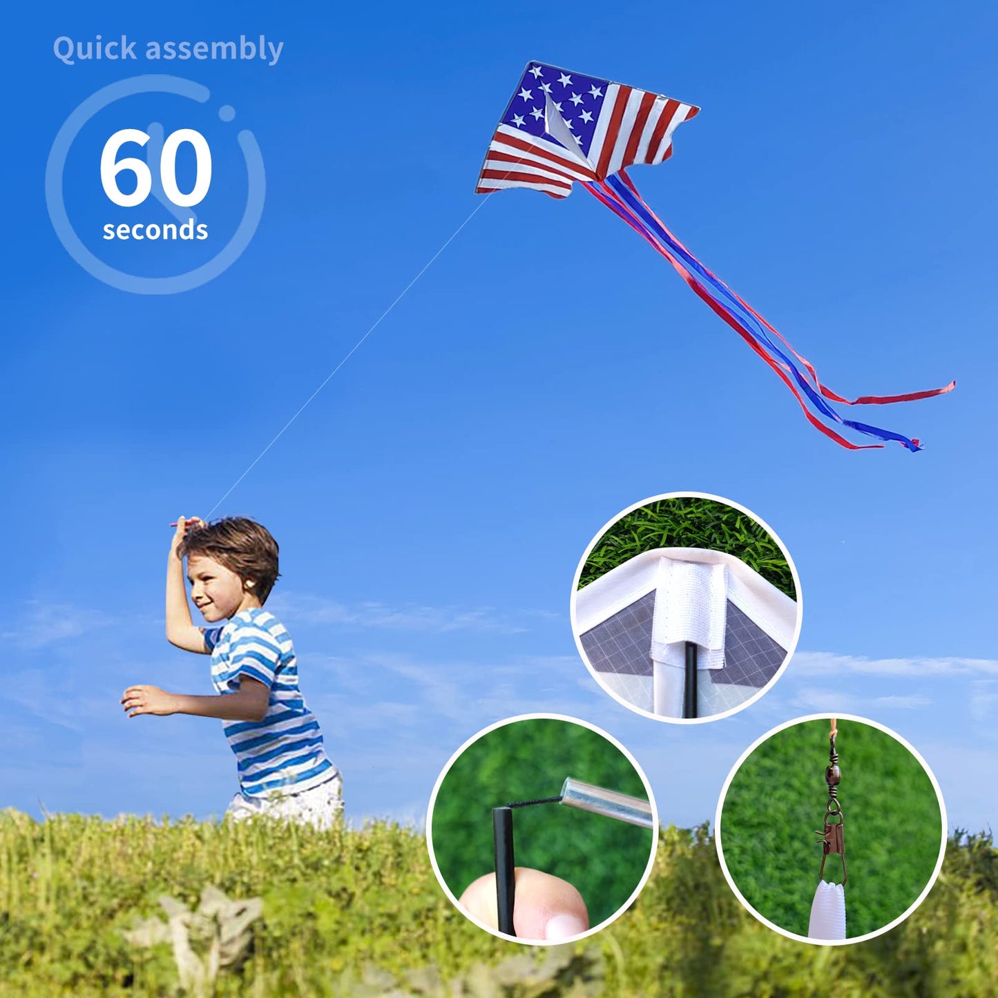 Kaiciuss American Flag Delta Kite for Kids & Adults Easy to Fly Large, The Easiest Single Line for Beach, it Comes with 300ft String Kite Handle