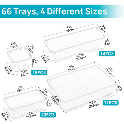 Vtopmart 66 PCS Clear Plastic Drawer Organizer Bins, 4-Size Versatile Bathroom and Vanity Organizer Trays, Acrylic Storage Containers for Makeup, Jewelry, Toiletry, Kitchen Utensils and Office Supply