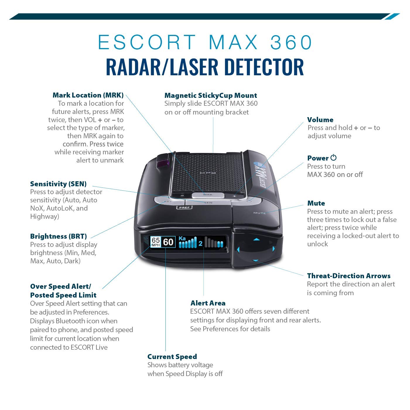 Escort MAX 360 Laser Radar Detector - GPS, Directional Alerts, Dual Antenna Front and Rear, Bluetooth Connectivity, Voice Alerts, OLED Display, Apple CarPlay and Android Auto Compatible