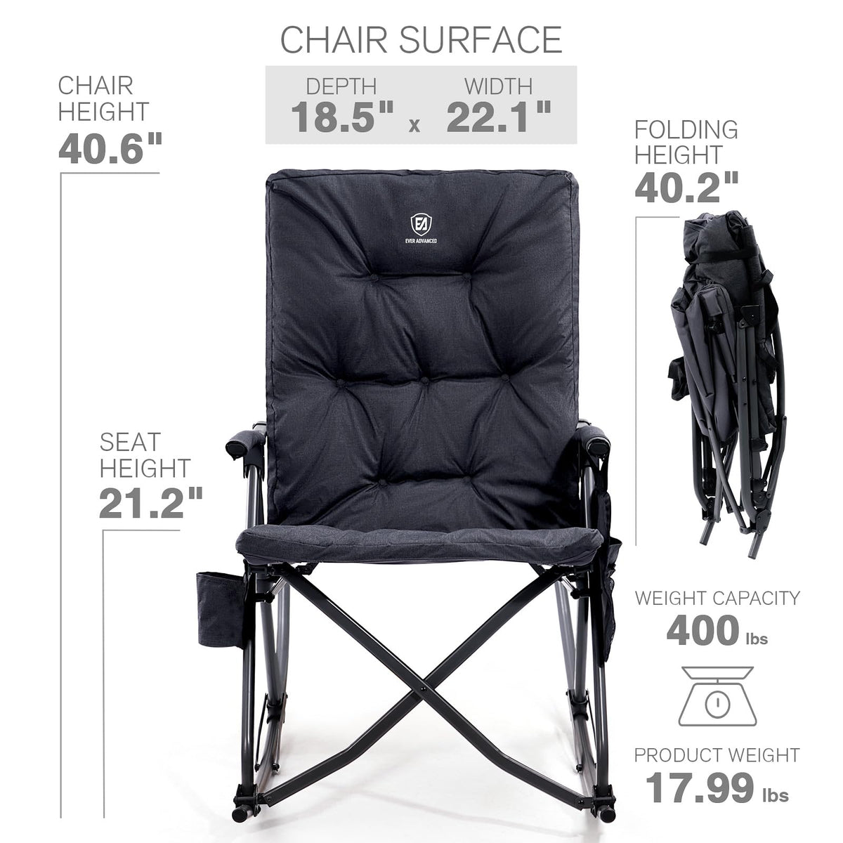 EVER ADVANCED Oversized Folding Rocking Camping Chair, Padded Portable Rocker Chairs for Patio, Lawn and Outdoors, Heavy Duty Hard Armchair for Adults Supports 400lbs, Black