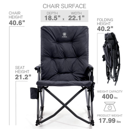 EVER ADVANCED Oversized Folding Rocking Camping Chair, Padded Portable Rocker Chairs for Patio, Lawn and Outdoors, Heavy Duty Hard Armchair for Adults Supports 400lbs, Black