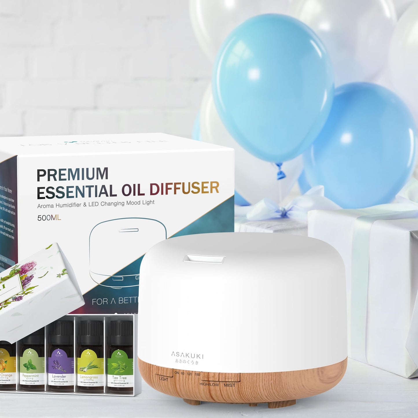 ASAKUKI Oil Diffuser with Essential Oils Set, 500ml Aromatherapy Humidifier with 14 LED Colors & Auto Shut-Off - 6 Oil Gift Pack(Lavender Eucalyptus Tea Tree Orange Peppermint Lemongrass)