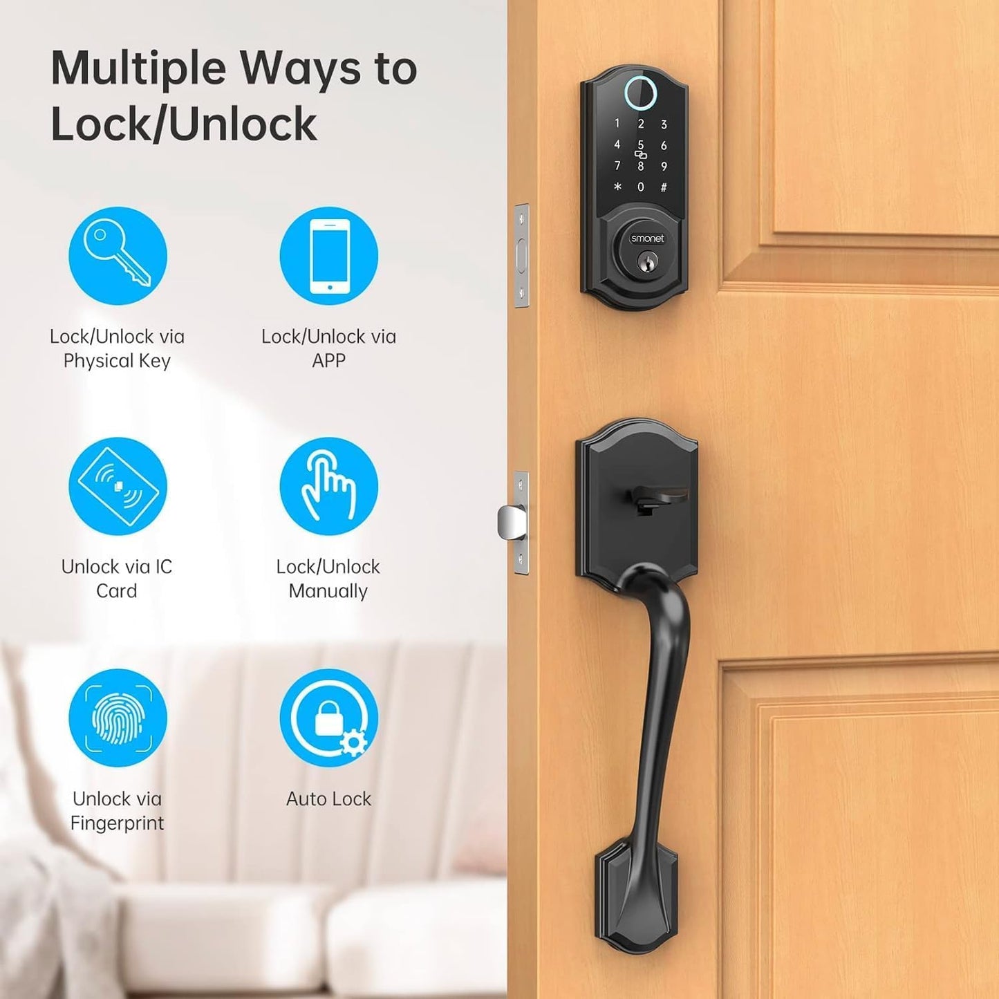 Smart Lock Front Door, SMONET Keyless Entry Door Lock with Handle, Smart Front Door Lock Set Fingerprint Smart Deadbolt Bluetooth Electronic Digital Keypad Lock, Auto Lock Work with Alexa, Black
