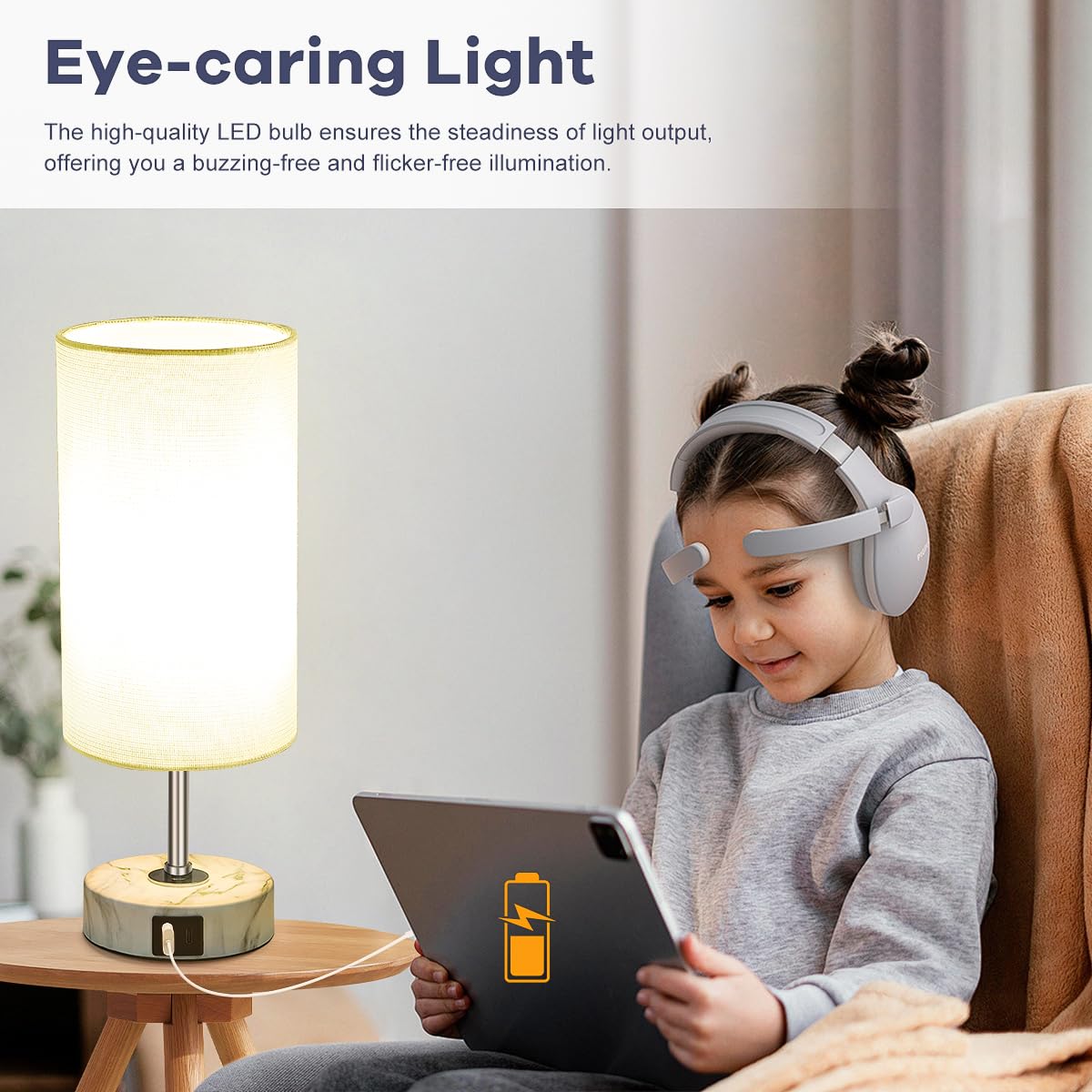 LuxeBeam 3-Way Dimmable Bedside Touch Lamp - USB-C and USB-A Ports, Faux Marble Base, White Shade with Silver Thread, Includes 8W LED Bulb for Bedroom, Living Room, Desk