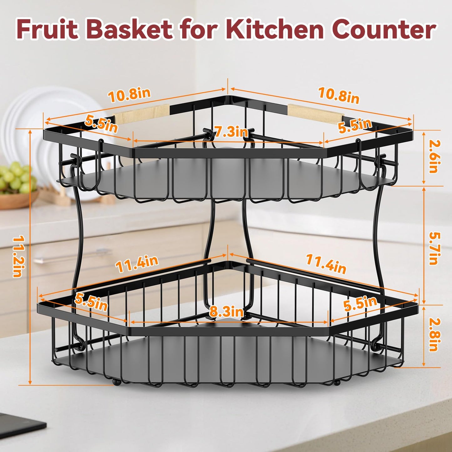 Tequie 2 Tier Fruit Basket for Kitchen Counter - Detachable Metal Fruit Bowl with 2 Banana Hangers for Corner , Large Capacity Fruit Stand with Wooden Handle for Bread Fruit and Vegetable Storage