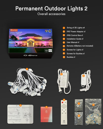 Lumary Permanent Outdoor Lights 2 with Remote, 200ft with 120 RGBAICW LEDs 7200lm for Daily & Accent Lighting, 110+ Scene Modes for Christmas Decor, IP67 Waterproof, Work with Alexa, Google, White