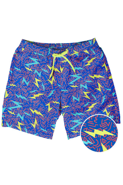 Tipsy Elves Men's Swim Trunks - 7 in Inseam 4-Way Stretch Fabric Compression & Mesh Liner Swimming Shorts for Men Bathing Suit - Neon Swim Shorts - Blue Grease Lightning Swim Trunks Size Medium