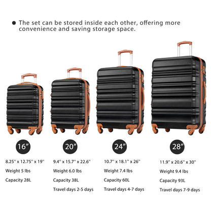 LONG VACATION Luggage Set 4 Piece Luggage ABS hardshell TSA Lock Spinner Wheels Luggage Carry on Suitcase (BLACK-BROWN, 6 piece set)