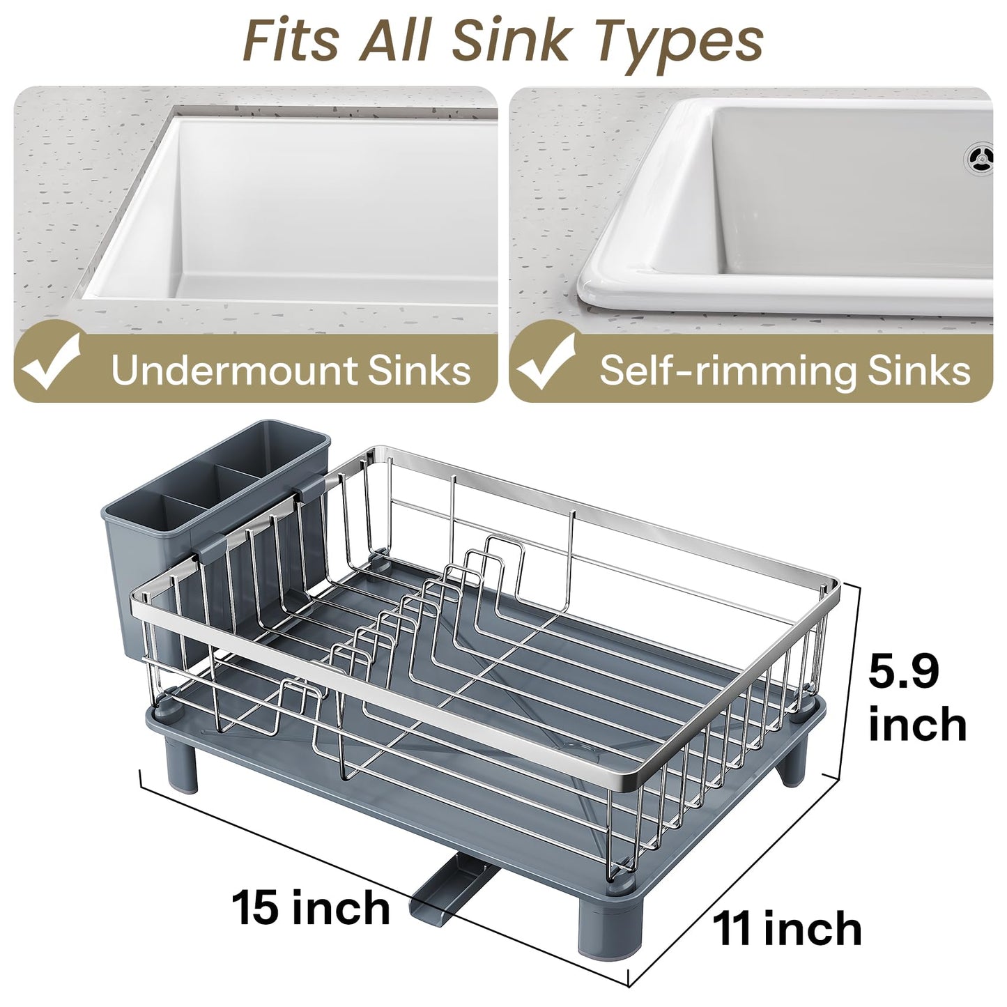 SNTD Dish Drying Rack - Small Dish Rack for Kitchen Counter, Stainless Steel Dish Drainer with Utensil Holder and Drainboard, 11" W x 15" L (Silver)