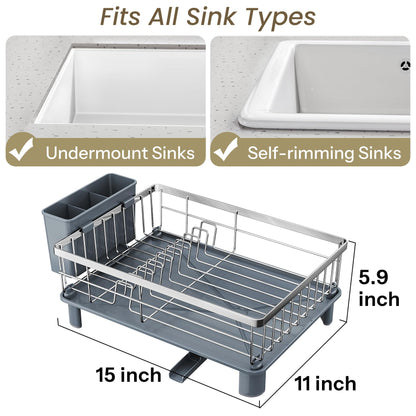 SNTD Dish Drying Rack - Small Dish Rack for Kitchen Counter, Stainless Steel Dish Drainer with Utensil Holder and Drainboard, 11" W x 15" L (Silver)