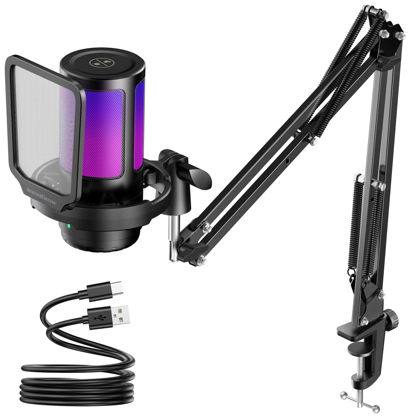 InnoGear Gaming USB Microphone, Noise Cancellation Condenser Mic with Mute, Gain, RGB Indicator, Boom Arm Stand for Streaming, Podcast, Twitch, YouTube, Discord, PC, Computer, PS4, PS5, Mac, Black