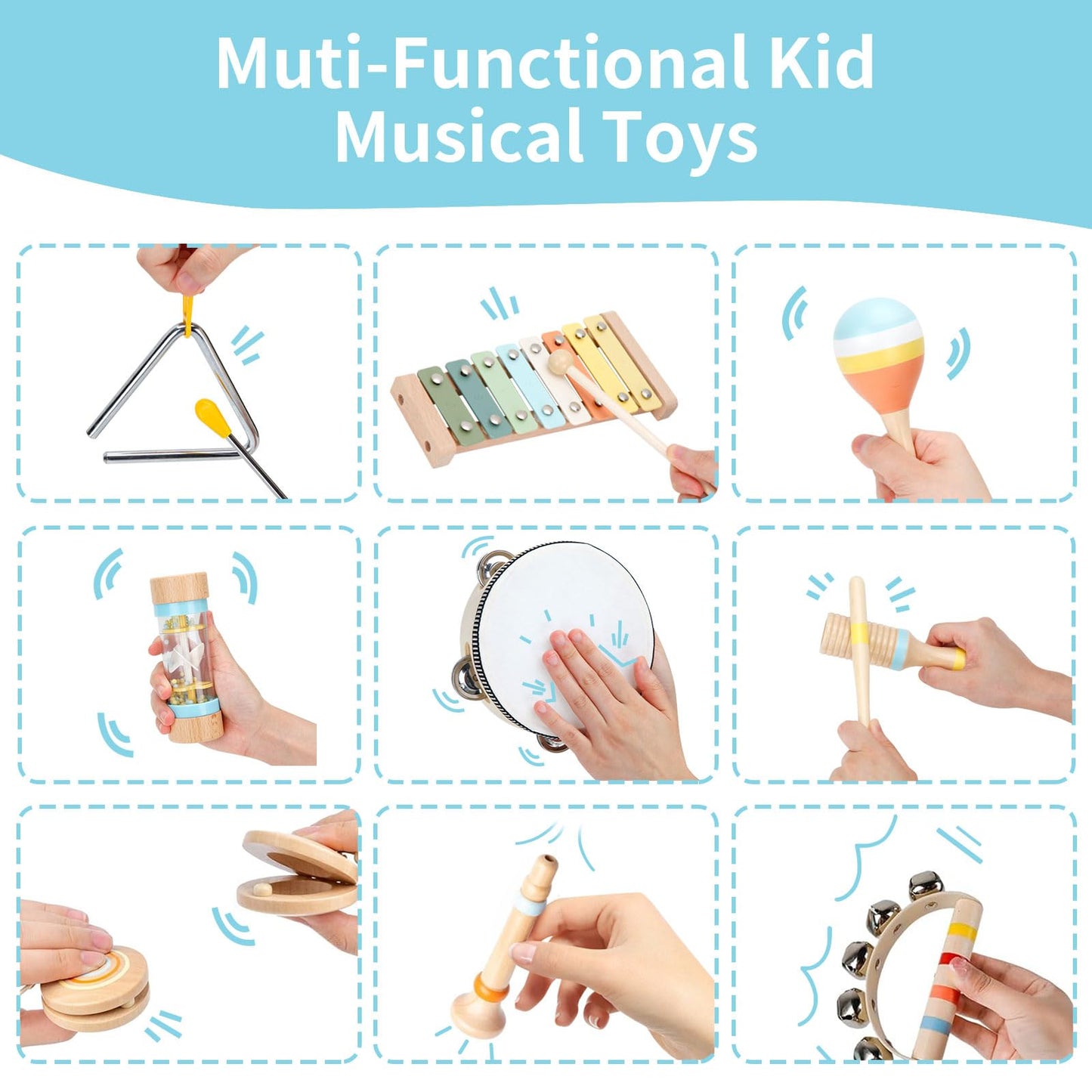 ZJEFUNS Baby Musical Instruments Set Wooden Montessori Toys for Toddlers 1-3 Percussion Instruments Set Modern Boho Music Toys for Kids Preschool Educational.