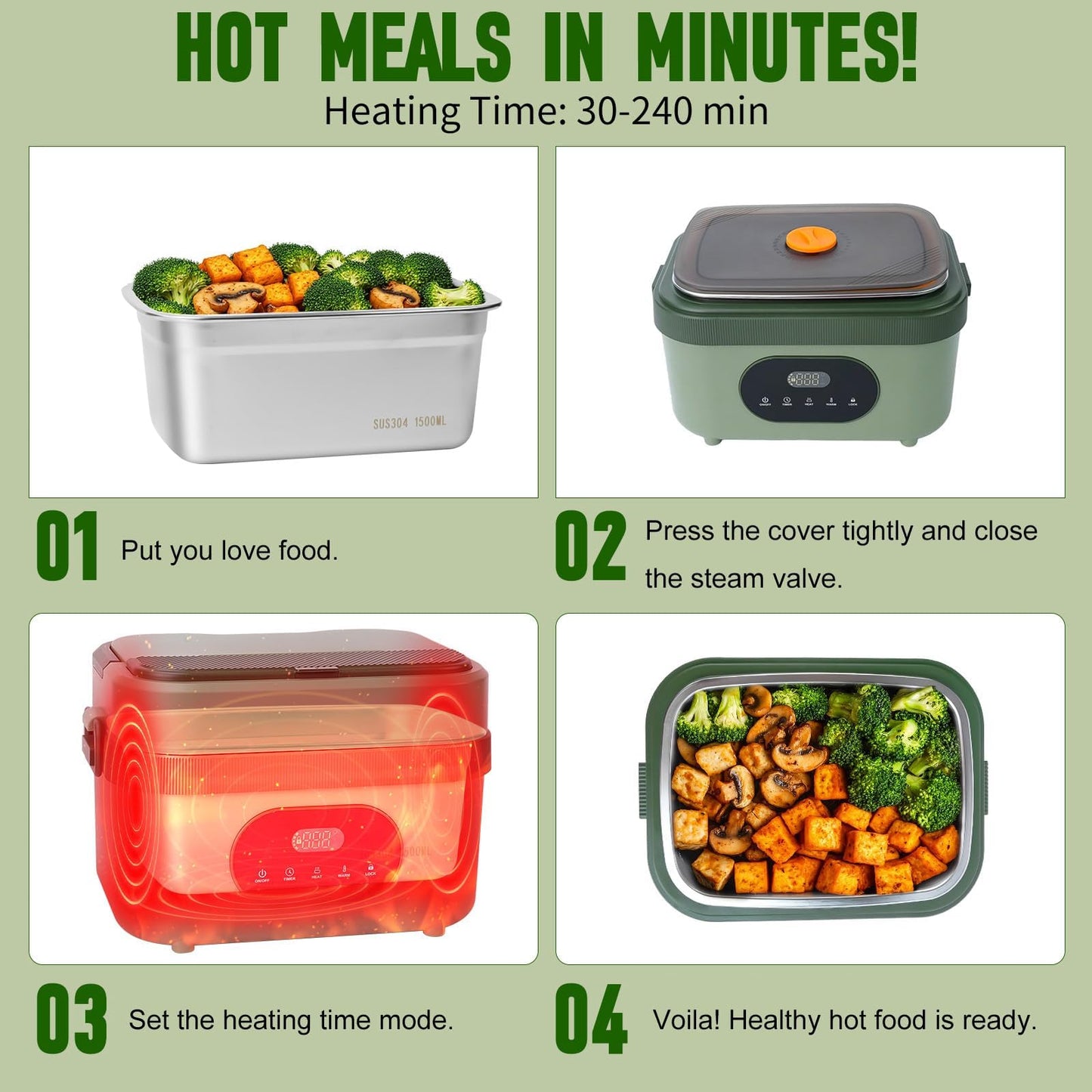 MDHAND Heated Lunch Box - Cordless Electric Lunch Box for Adults, 18000mAh Battery Powered Self Heating Food Warmer for Office Work Car Travel Outdoors, Scheduled Heating & 1.5L Stainless Container