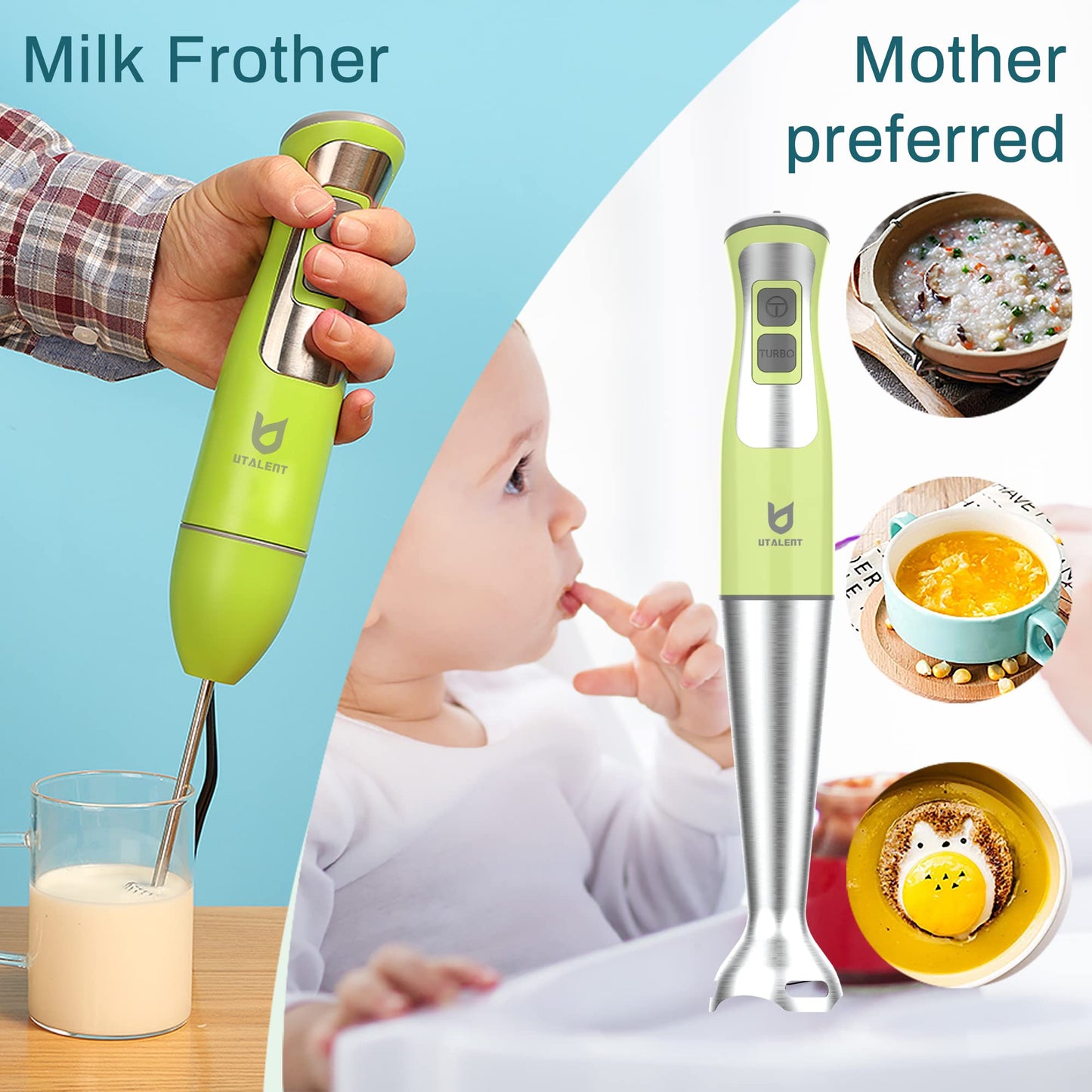 Immersion Hand Blender, UTALENT 5-in-1 8-Speed Stick Blender with 500ml Food Grinder, BPA-Free, 600ml Container,Milk Frother,Egg Whisk,Puree Infant Food, Smoothies, Sauces and Soups - Green