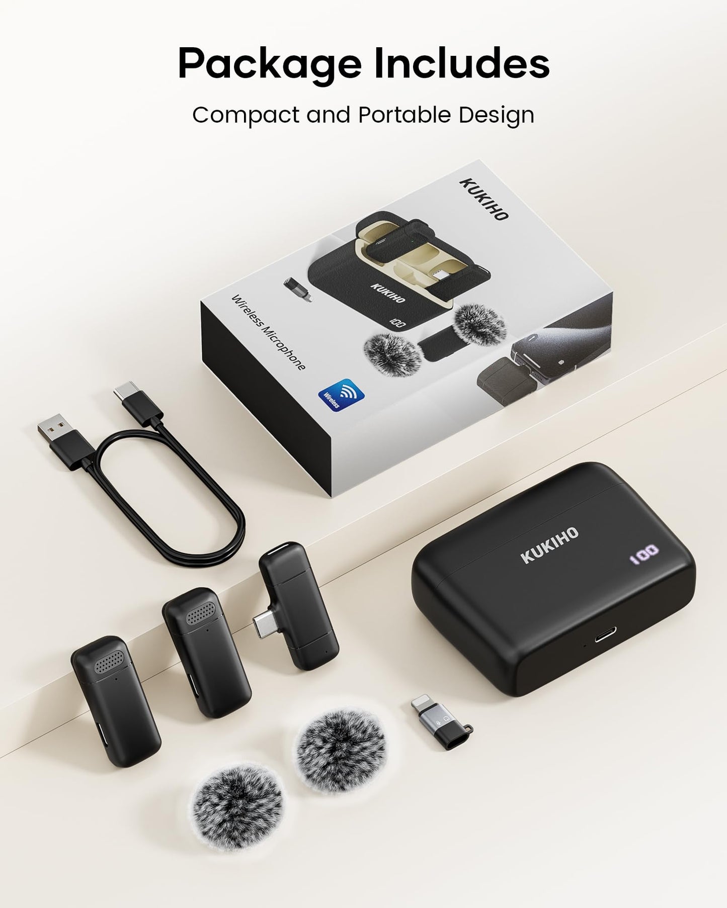 KUKIHO Wireless Lavalier Microphone with Charging Case, 36H Battery Life, Noise Cancellation, 135ft Range, Plug-and-Play Clip-On Mic for iPhone, iPad, Android, YouTube, Vlog, Live Streaming