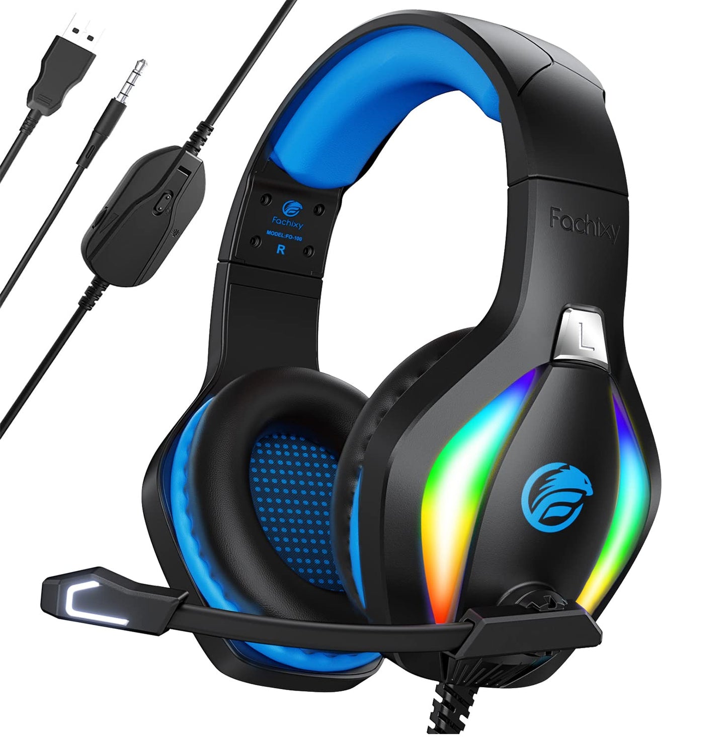 Fachixy FC100 Gaming Headset with Microphone for PS4, PS5, Switch, Xbox, PC, Mac, Gamer Headset with RGB Light, Computer Headphones with Mic