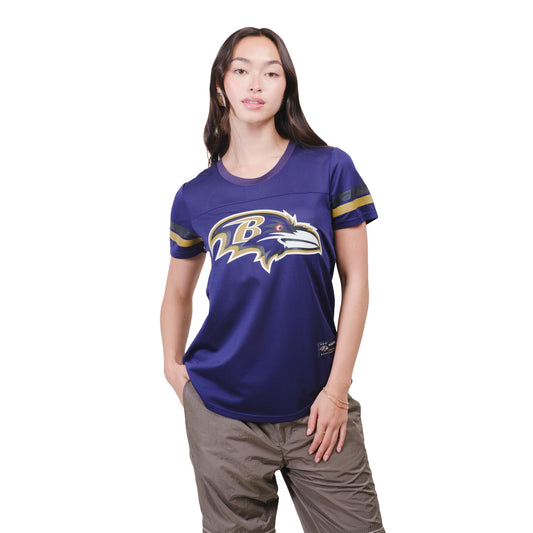Ultra Game NFL Baltimore Ravens Womenss Soft Mesh Jersey Varsity Stripe Jock Tag Crew Neck Tee Shirt Top, Team Color, Medium